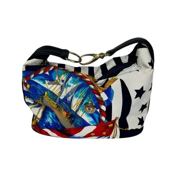 Vintage Aronni Romana Sailing Flag Print Handbag Nautical Florence Italy Navy - Picture 2 of 14